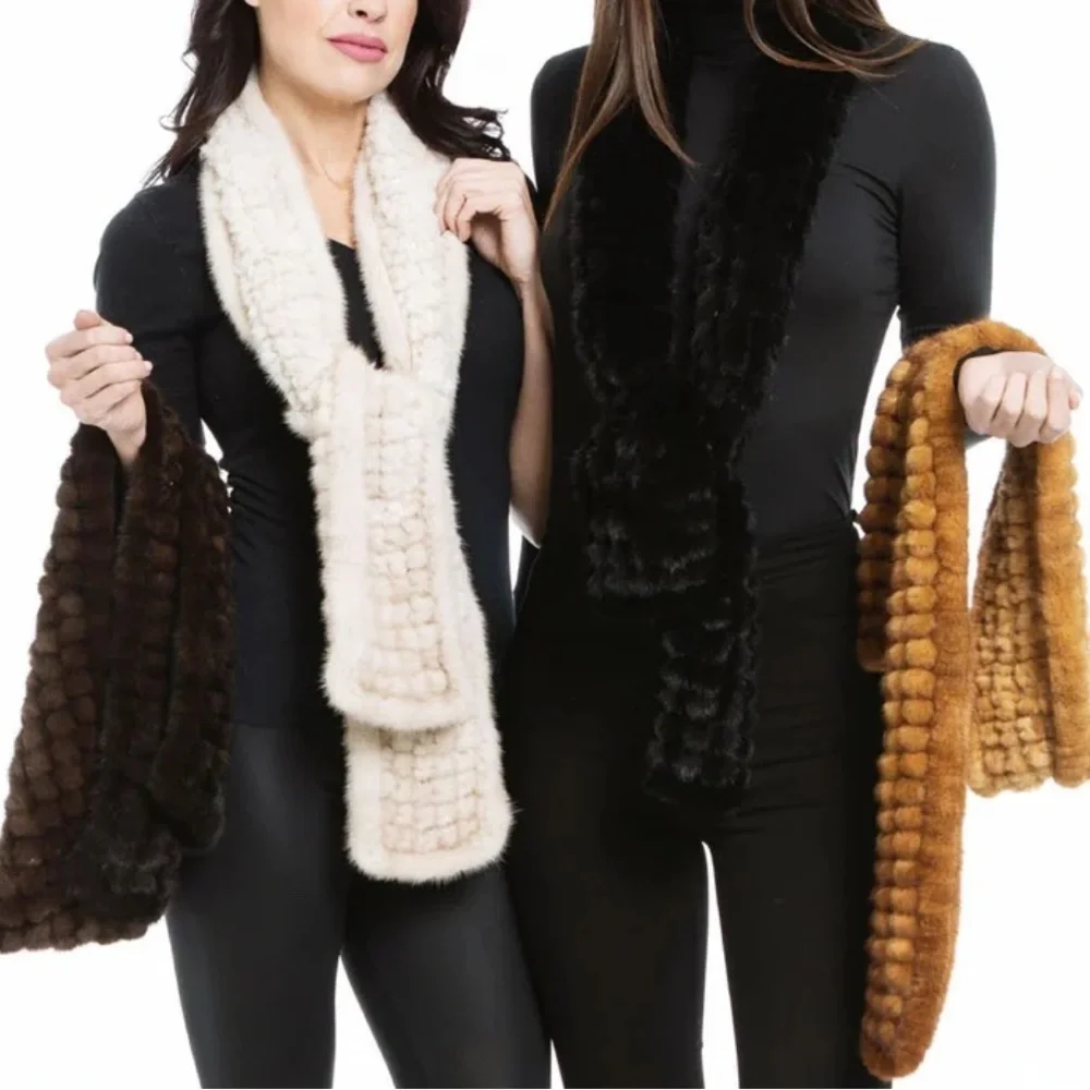 Kelli Kouri Grid Knit Ivory/Cream Fur Soft Scarf L 75